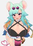  1girl animal_ears bandaid bandaid_on_leg black_bra blush bra braid breasts choker cleavage commentary commission criss-cross_halter emi_(rabiespride) english_commentary eyeshadow eyewear_on_head green_hair grey_background gyaru halterneck heart heart_tail highres huge_breasts large_ears long_hair looking_at_viewer makeup miniskirt mole mole_under_eye mouse_ears mouse_girl mouse_tail multicolored_eyeshadow multiple_moles o-ring_legwear_garter original pink_thighhighs purple-tinted_eyewear red_eyes ribbon_choker side_braids single_thighhigh skirt solo sunglasses tail teeth thick_eyebrows thighhighs tinted_eyewear underwear upper_teeth_only whomperfruit 