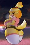  animal_crossing anthro big_breasts big_butt blonde_hair bottomwear breasts butt canid canine canis clothed clothing clothing_lift domestic_dog drunk female hair hi_res huge_breasts isabelle_(animal_crossing) legwear mammal nintendo panties raised_tail skirt skirt_lift solo substance_intoxication thick_thighs thigh_highs underwear unyin video_games 