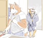  2008 anthro bottomwear brown_body brown_fur canid canine canis clothing cooking detailed_background domestic_dog duo fur inside kemono kotori male mammal shirt shorts tired topwear 
