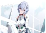  1girl artist_name ayanami_rei bangs blue_hair bodysuit breasts closed_mouth collar commentary copyright_name eyebrows_visible_through_hair gloves hair_between_eyes hair_ornament highres interface_headset kips looking_at_viewer medium_breasts neon_genesis_evangelion pilot_suit plugsuit red_eyes short_hair signature simple_background sitting solo white_bodysuit white_gloves 