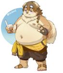  2020 anthro belly bottomwear brown_body brown_fur canid canine canis clothing domestic_dog fur male mammal morian_xs navel nipples overweight overweight_anthro overweight_male shorts solo tongue tongue_out 