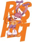 1990s anthro babs_bunny bottomwear clothing female fur hi_res lagomorph leporid long_ears mammal music_inspired pink_body pink_fur rabbit roller_skates skirt solo sweater tiny_toon_adventures toony topwear turkojar walkman warner_brothers 