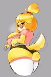  animal_crossing anthro big_breasts big_butt blonde_hair bottomwear breasts butt canid canine canis clothed clothing clothing_lift domestic_dog drunk female hair hi_res huge_breasts isabelle_(animal_crossing) legwear mammal nintendo panties raised_tail skirt skirt_lift solo substance_intoxication thick_thighs thigh_highs underwear unyin video_games 