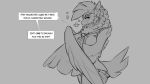  16:9 after_transformation angry anthro avian beak bird breasts clothing covering covering_breasts english_text evan feathers female grey_background hair monochrome necktie non-mammal_breasts simple_background solo speech_bubble text watsup widescreen wings 