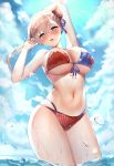  1girl absurdres american_flag_bikini arms_behind_head arms_up bangs bare_arms bare_legs bikini blue_bikini blue_eyes blue_sky blush breasts bun_cover cleavage cloud day fate/grand_order fate_(series) flag_print grey_hair hair_bun highres large_breasts lkdv looking_at_viewer medium_hair miyamoto_musashi_(fate/grand_order) miyamoto_musashi_(swimsuit_berserker)_(fate) navel ocean open_mouth outdoors red_bikini sky solo standing swimsuit thighs underboob water water_drop wet 