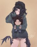  1girl ass_visible_through_thighs au_ra black_hair black_horns brown_background cowboy_shot dragon_horns dragon_tail final_fantasy final_fantasy_xiv high_ponytail hood hood_down hoodie horns long_sleeves looking_at_viewer medium_hair no_pants one_eye_closed panties ponytail red_eyes scales senacolada sleeves_past_wrists solo striped striped_panties stuffed_toy tail underwear 