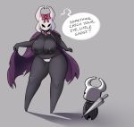  big_breasts bow breasts cloak clothing collar dialogue duo female grey_background hi_res hollow_knight larger_female nipples panties panty_pull protagonist_(hollow_knight) simple_background size_difference speech_bubble standing team_cherry thick_thighs underwear unyin video_games weapon wide_hips 