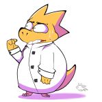  alphys anthro barefoot bodily_fluids breasts buckteeth clothed clothing coat eyewear female front_view glasses lab_coat lizard nervous non-mammal_breasts open_mouth pancakepooch reptile scales scalie simple_background solo standing sweat teeth thick_tail three-quarter_view topwear undertale video_games yellow_body yellow_scales 
