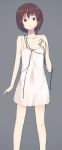  1girl absurdres asymmetrical_hair brown_eyes brown_hair dress hair_ornament hairclip highres iwakura_lain looking_at_viewer medium_hair serial_experiments_lain simple_background sleeveless solo white_dress x_hair_ornament 