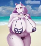  2_horns absurd_res ai_od anthro beach big_breasts bikini boss_monster bovid breasts caprine clothing delta_rune_(emblem) female fur hi_res horn huge_breasts mammal nipple_outline overweight overweight_anthro overweight_female red_eyes seaside solo swimwear symbol thick_thighs toriel undertale video_games white_body white_fur white_horn 