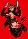  1girl absurdres apron ass belt_pouch black_horns blonde_hair boots breasts butcher_knife chaps cleavage crazy_eyes demon_tail detached_sleeves dorohedoro full_body gloves highres hood horns jumping large_breasts legs_together nikaidou_(dorohedoro) no_panties normov open_mouth pouch red_background red_eyes short_hair sideboob solo spatula tail thick_thighs thighs 
