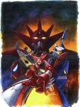  axe cape caterpillar_tracks drill getter-1 getter-2 getter-3 getter_dragon getter_liger getter_poseidon getter_robo getter_robo_g green_eyes holding holding_axe holding_weapon horns looking_at_viewer mecha mecha_focus nakamura_jun'ichi no_humans red_cape retro_artstyle robot science_fiction spikes super_robot weapon yellow_eyes 