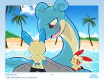  &lt;3 &lt;3_eyes absurd_res ambiguous_gender beach blush clothed clothing feral group hi_res lapras long_neck minun nintendo palm_tree pants_down partially_clothed plusle pok&eacute;mon pok&eacute;mon_(species) presenting seaside shell size_difference softestpuffss tree video_games water 