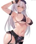  1girl ahoge bangs bare_shoulders belt bikini bikini_top blush breasts cleavage collarbone fate/grand_order fate_(series) jeanne_d&#039;arc_(alter)_(fate) jeanne_d&#039;arc_(fate)_(all) large_breasts long_hair looking_at_viewer misako12003 mystery_treasure navel ponytail silver_hair simple_background smile swimsuit very_long_hair white_background yellow_eyes 