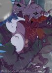  2024 anthro arm_around_shoulders armor armpit_hair artist_name bandai_namco biped black_body black_glans black_penis black_tail blue_eyes blue_hair bodily_fluids body_hair chest_hair claws colored countershading digimon digimon_(species) digitigrade duo english_text erection eyes_closed facial_hair french_kissing frottage genital_fluids genitals glans hair half-closed_eyes hand_on_penis headgear helmet hi_res horn humanoid_genitalia humanoid_penis inside kissing male male/male mostly_nude muscular muscular_anthro muscular_male narrowed_eyes nipple_fetish nipple_play nipples penile penis pink_glans pink_penis precum red_hair samaraka scalie sex shower shower_head shower_sex standing tagg tail text toe_claws tongue vein wargreatmon wargreymon wet white_body white_countershading 