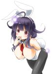  1girl absurdres ahoge animal_ears between_breasts black_legwear breasts bunny_ears bunny_tail cowboy_shot detached_collar hair_flaps highres kantai_collection large_breasts leaning_forward leotard looking_at_viewer low_twintails necktie pantyhose playboy_bunny purple_hair red_eyes red_neckwear simple_background solo strapless strapless_leotard taigei_(kantai_collection) tail taisinkoku tongue tongue_out twintails white_background white_leotard wrist_cuffs 