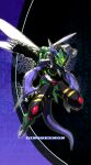  absurdres armor bat_wings black_carapace blue_horns blue_skin breastplate brown_hair bug carapace claws collar colored_skin compound_eyes digimon digimon_(creature) dinobeemon extra_arms fewer_digits fusion green_armor green_carapace green_helmet green_mask helmet highres horns insect_wings monster muscular no_humans red_eyes short_hair solo spiked_collar spikes tail tx1550 veins veiny_arms wings yellow_stripes 