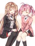  2girls :d ahoge ayatsuki_sugure bangs between_legs black_jacket black_legwear black_skirt blonde_hair breasts buttons calf_socks cardigan cross cross_necklace game_club_project grin hand_between_legs hands_on_own_knees highres jacket jewelry knees_together_feet_apart legs_together long_hair long_sleeves looking_at_another medium_breasts multiple_girls necklace one_side_up open_mouth pink_cardigan pink_hair sakuragi_miria sidelocks simple_background skirt small_breasts smile thigh_strap thighhighs twintails virtual_youtuber white_background yumesaki_kaede_(game_club_project) 