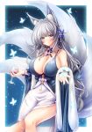 1girl animal_ear_fluff animal_ears azur_lane bangs blue_eyes blunt_bangs breasts bug butterfly cleavage commentary_request cup drinking_glass eyebrows_visible_through_hair flower fox_ears fox_tail grey_hair hair_flower hair_ornament highres holding holding_cup insect large_breasts long_hair looking_at_viewer low-tied_long_hair multiple_tails osashin_(osada) shinano_(azur_lane) smile solo tail very_long_hair wine_glass 