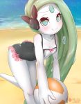 1girl aqua_eyes artist_name ball bare_shoulders beach beachball black_swimsuit blush bow breasts closed_mouth clothed_pokemon collarbone commentary english_commentary gen_5_pokemon green_hair holding holding_ball holding_beachball idol-chan_(rilex_lenov) leaning_forward long_hair looking_at_viewer meloetta mythical_pokemon ocean original patreon_username pink_bow pokemon rilex_lenov small_breasts smile solo standing standing_on_one_leg swimsuit very_long_hair white_skin 