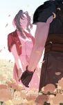  1boy 1girl aerith_gainsborough armor brown_hair dress facing_viewer field final_fantasy final_fantasy_vii flower flower_field from_behind gloves highres holding_hands holy_pumpkin long_hair petals pink_dress shoulder_armor smile standing zack_fair 