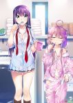  2girls ahoge blue_eyes bow bow_panties bra brushing_teeth cup drooling eyebrows_visible_through_hair feet_out_of_frame fukami_rena grisaia_(series) grisaia_phantom_trigger hair_over_shoulder half-closed_eyes holding holding_cup holding_toothbrush ikoma_murasaki indoors laundry_basket long_hair long_sleeves messy_hair mouth_insertion multiple_girls navel off_shoulder official_art open_mouth pajamas panties pants pants_pull pink_eyes pink_hair pink_panties pleated_skirt purple_hair short_sleeves skirt standing toothbrush towel twintails underwear watanabe_akio 