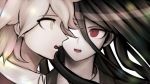  2boys black_hair collared_shirt danganronpa danganronpa_3 derivative_work grey_eyes hair_between_eyes kamukura_izuru kibougamine_gakuen_school_uniform komaeda_nagito komatsuzaki_rui_(style) long_hair looking_at_another male_focus medium_hair multiple_boys official_style red_eyes school_uniform screencap_redraw shirt spoilers upper_teeth wamigakiko white_background white_hair 