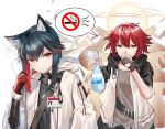  2girls absurdres animal_ear_fluff animal_ears arknights bangs black_gloves black_hair bottle brown_eyes cigarette elbow_gloves exusiai_(arknights) fingerless_gloves fur-trimmed_jacket fur_trim gloves grey_shirt halo highres holding holding_cigarette hood hood_up hooded_jacket huge_filesize id_card jacket long_sleeves multicolored_hair multiple_girls no_smoking no_symbol nose_pinch open_clothes open_jacket raglan_sleeves red_eyes red_gloves red_hair rivet_vvrn shirt short_hair speech_bubble spray_bottle spraying streaked_hair texas_(arknights) upper_body white_jacket wolf_ears 