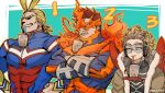  3boys abs all_might bara beard between_pecs blonde_hair bodysuit boku_no_hero_academia brown_eyes bubble_tea bubble_tea_challenge cheating_(competitive) chest coat commentary crossed_arms cup drink drinking_straw facial_hair feathered_wings feathers fire fur_collar goggles goggles_on_eyes hand_on_hip hawks_(boku_no_hero_academia) headphones kadeart long_sleeves looking_away male_focus multicolored_hair multiple_boys muscle mustache object_on_pectorals pectorals red_hair red_wings simple_background skin_tight smile spiked_hair superhero teeth todoroki_enji two-tone_hair upper_body wings winter_clothes winter_coat 