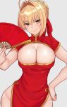  1girl ahoge alternate_costume blonde_hair breasts china_dress chinese_clothes cleavage cleavage_cutout closed_mouth clothing_cutout cocq_taichou dress eyebrows_visible_through_hair fan fate/extra fate_(series) green_eyes grey_background hair_ribbon hand_on_hip holding holding_fan large_breasts looking_at_viewer nero_claudius_(fate) nero_claudius_(fate)_(all) red_dress red_ribbon ribbon short_hair simple_background smile solo 