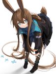  1girl amiya_(arknights) animal_ears arknights ascot bent_over black_footwear black_jacket black_legwear blue_eyes blue_neckwear blue_shirt blue_skirt brown_hair bunny_ears bunny_tail fei_(songyijie) hands_on_own_legs highres jacket jewelry long_hair long_ponytail looking_at_viewer multiple_rings pantyhose plaid plaid_skirt ring shirt short_hair_with_long_locks simple_background skirt solo tail thumb_ring very_long_hair white_background 