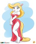  3_toes animaniacs anthro barefoot blonde_hair breasts cleavage clothed clothing female fur furboz hair looking_at_viewer mammal minerva_mink mink mustelid musteline off_shoulder slit_dress solo toes warner_brothers white_body white_fur 