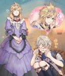  2boys ? backpack bag blonde_hair blush chadley_(ff7) closed_eyes cloud_strife crossdressing dress final_fantasy final_fantasy_vii final_fantasy_vii_remake frilled_dress frills green_eyes heart imagining looking_at_another monocle multiple_boys ohse open_mouth purple_dress silver_hair smile sparkle spiked_hair squatting thought_bubble tiara translation_request 