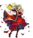  1girl asatani_tomoyo bangs black_footwear black_legwear blonde_hair breasts circlet detached_sleeves dress fire_emblem fire_emblem:_the_binding_blade fire_emblem_heroes full_body green_eyes guinevere_(fire_emblem) highres jewelry long_dress long_hair long_skirt long_sleeves medium_breasts necklace official_art pantyhose parted_bangs red_dress shiny shiny_hair simple_background skirt solo transparent_background 
