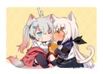  !! 2girls animal_ear_fluff animal_ears black_gloves black_legwear black_neckwear black_skirt blue_eyes blue_sleeves cat_ears cat_tail cheek_licking chibi commentary crumbs eating english_commentary face_licking food food_on_face girls_frontline gloves grey_hair hair_ornament hairclip hamburger headset highres jacket kneeling licking long_hair lwmmg_(girls_frontline) m590_(girls_frontline) multicolored_hair multiple_girls neckerchief off_shoulder one_eye_closed pantyhose pleated_skirt red_jacket shirt single_thighhigh sitting skirt tail thighhighs twintails very_long_hair white_hair white_jacket white_shirt wolf_ears wolf_tail yellow_eyes yuutama2804 