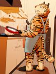  2020 anthro apron balls blush butt clothing cooking detailed_background felid genitals hi_res humanoid_hands inside kemono kitchen kotori male mammal pantherine solo tiger 