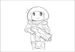  1girl bob_cut bolter boots chibi closed_mouth dot_nose flying_sweatdrops gloves greyscale gun holding holding_gun holding_weapon long_sleeves looking_at_viewer lutherniel medium_hair monochrome pelvic_curtain simple_background sister_of_battle solo standing warhammer_40k weapon white_background 