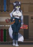  anthro canid canine chest_tuft clothed clothing dipstick_tail eyewear female fox glasses hi_res holly_(lammynatrix) inner_ear_fluff mammal midriff multicolored_tail navel nipple_outline solo tools tuft wrench yawg 