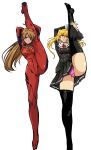  2girls ass bangs black_legwear blonde_hair blue_eyes bodysuit breasts commentary_request crossover crotch_seam eyepatch flexible full_body grey_skirt hair_ornament highres kamisimo_90 kneepits legs long_hair long_sleeves looking_at_viewer multiple_girls nasuhara_anastasia neon_genesis_evangelion onii-chan_dakedo_ai_sae_areba_kankeinai_yo_ne panties parted_lips pilot_suit pink_panties pleated_skirt plugsuit red_neckwear school_uniform shirt shoes skirt smile souryuu_asuka_langley split standing standing_on_one_leg standing_split thighhighs thighs twintails underwear uniform white_shirt 