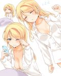  1girl aqua_eyes ayase_eli breasts cellphone cleavage closed_eyes collarbone collared_shirt eyebrows_visible_through_hair facing_viewer highres holding holding_phone large_breasts long_hair long_sleeves looking_away love_live! love_live!_school_idol_project mogu_(au1127) one_eye_closed phone shirt smartphone unbuttoned unbuttoned_shirt white_shirt zzz 