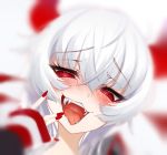  1girl :3 bangs blurry blush bombergirl cluseller commentary_request cropped demon_girl eyebrows_visible_through_hair face fangs grim_aloe half-closed_eyes hand_up happy head_tilt heart heart_in_mouth horns long_hair looking_at_viewer nail_polish nose_blush open_mouth red_eyes red_nails sidelocks simple_background smile solo teeth tongue white_background white_hair 