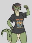  accessory anthro armband black_clothing black_shirt black_topwear bottomless clothed clothing crocodilian female flexing green_body hair hair_accessory multicolored_body rawslaw5 reptile scalie shirt solo t-shirt toothy_grin topwear two_tone_body van_halen yellow_eyes 