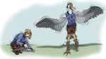  16:9 2019 anthro avian beak before_and_after bird blonde_hair bottomwear clothing feathered_wings feathers female footwear growth hair heron human human_to_anthro kneeling mammal on_one_leg open_mouth pelecaniform shoes simple_background simsmaster skirt solo species_transformation standing sweater topwear transformation widescreen wing_growth wings 