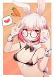  1girl 5danny1206 absurdres animal_ears arched_back arm_strap bare_shoulders bikini black-framed_eyewear black_bikini black_choker bow bowtie breasts bunny_ears bunny_girl bunny_tail carrot cellphone choker detached_collar glasses hands_up heart highres holding holding_phone looking_at_viewer looking_over_eyewear micro_bikini navel notice_lines original phone pink_hair red_eyes round_eyewear short_hair small_breasts smartphone smile solo spoken_heart stomach string_bikini swimsuit tail two-tone_background upper_body v wrist_cuffs 