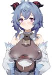  1girl absurdres bangs bare_shoulders bell black_gloves blue_hair blush breasts closed_mouth coconut covered_nipples detached_sleeves ganyu_(genshin_impact) genshin_impact gloves hair_between_eyes highres holding horns lactation lactation_through_clothes large_breasts sh_(562835932) short_hair simple_background solo sweat upper_body white_background 