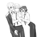  3girls arm_hug bangs black_eyepatch black_eyes black_neckwear black_pants black_suit blush braid braided_ponytail breasts business_suit buttoniris caress chainsaw_man collared_shirt couple expressionless eyebrows_visible_through_hair formal hair_between_eyes hand_on_another&#039;s_thigh hand_on_own_chin highres light_smile long_hair looking_at_another looking_at_viewer makima_(chainsaw_man) medium_breasts medium_hair monochrome multiple_girls necktie office_lady pants ponytail quanxi_(chainsaw_man) reze_(chainsaw_man) ringed_eyes romance shirt shirt_tucked_in smile suit tied_hair white_shirt wife_and_wife_and_wife yuri 