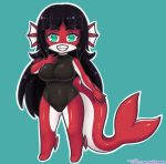  2020 absurd_res animal_humanoid big_breasts black_clothing black_hair black_swimwear breasts chibi clothed clothing colored eyebrow_through_hair eyebrows female fin_ears finne fish fish_humanoid green_eyes grin hair hi_res humanoid long_hair marine marine_humanoid multicolored_body one-piece_swimsuit red_body red_skin shark_humanoid shark_tail smile solo solo_focus swimwear teeth that-girl-whodraws translucent translucent_hair white_body white_skin 