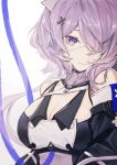  1girl absurdres arknights bangs bare_shoulders breasts cleavage commentary fanshu hair_ornament hair_over_one_eye highres large_breasts long_hair looking_at_viewer purple_eyes purple_hair simple_background solo upper_body whisperain_(arknights) white_background x_hair_ornament 