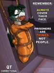 ball_gag bdsm bondage bound canid canine english_text fangs gag hi_res latex mammal prison prisoner sharp_teeth sleepsack storage stripedcrocodile teeth text
