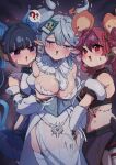  3girls absurdres animal_ears bare_shoulders bell bell_earrings blue_eyes blue_hair blush breasts c_civciv cat_ears cleavage crop_top demon_girl demon_horns demon_wings detached_sleeves dress duel_monster ear_bell earrings gameplay_mechanics grabbing_another&#039;s_breast grey_eyes groping ha-re_the_sword_mikanko highres horns jewelry jingle_bell_earrings large_breasts long_sleeves lovely_labrynth_of_the_silver_castle medium_breasts multiple_girls ni-ni_the_mirror_mikanko pointy_ears red_eyes red_hair short_hair smile snatch_steal sweat tail thighhighs twintails white_hair white_horns wings yu-gi-oh! yu-gi-oh!_master_duel yuri 